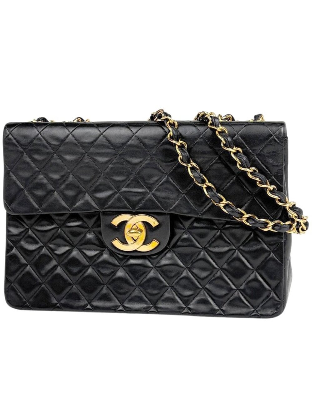 Chanel Maxi Quilted Single Flap Chain Shoulder Bag CC Logo Leather Black